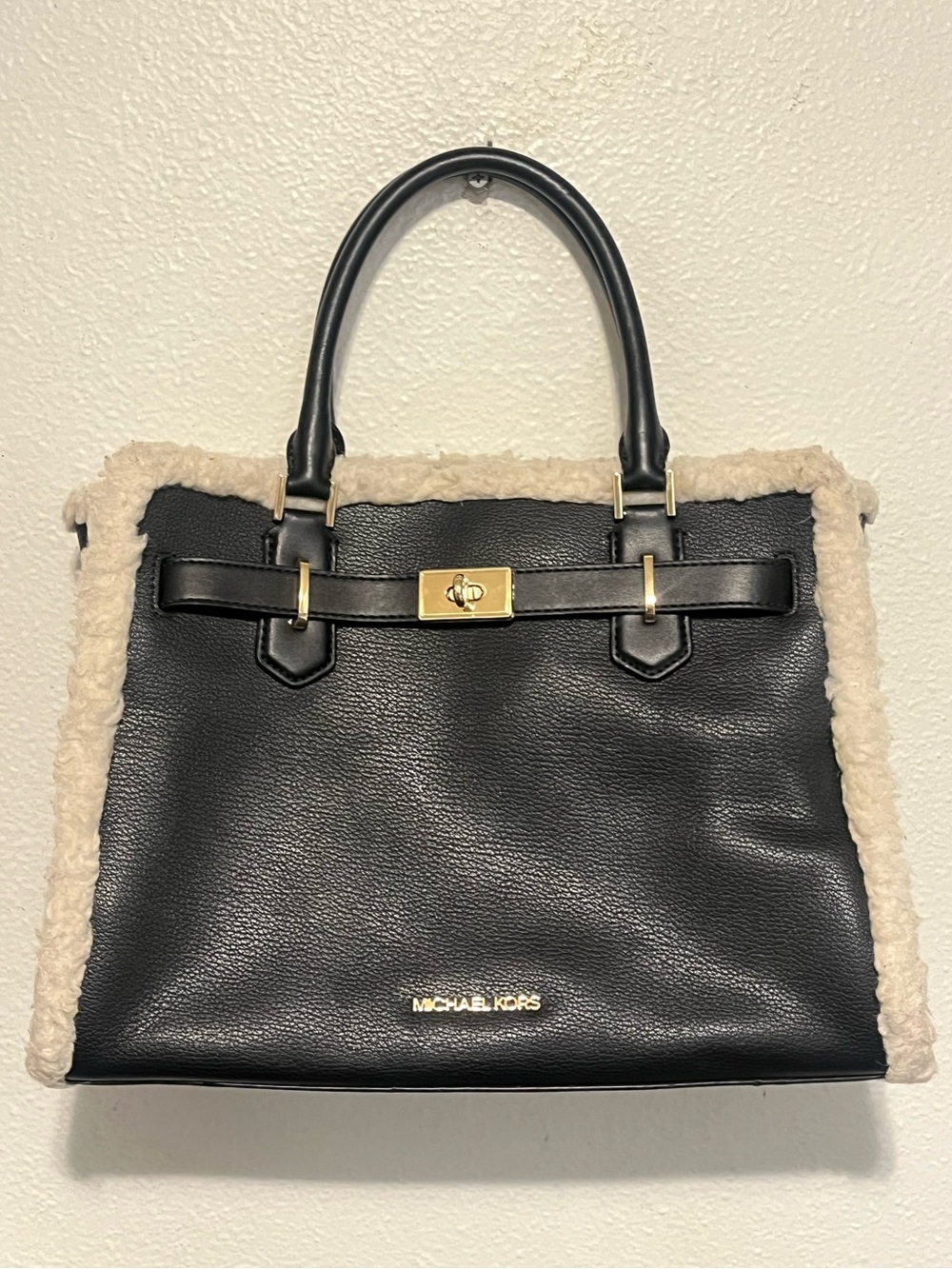 MICHAEL KORS Shearling Trim Hamilton Medium Satchel Black Pebbled Leather